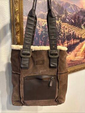 UGG Brown Suede Messenger Tote with Shearling Trim